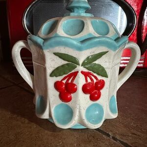 Rare Vintage Westmoreland white milk glass blue thumbprint Cherry retro jar